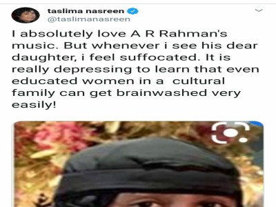 taslima-nasreen-calls-ar-rahmans-daughter-khatijas-burqa-suffocating-ePathram